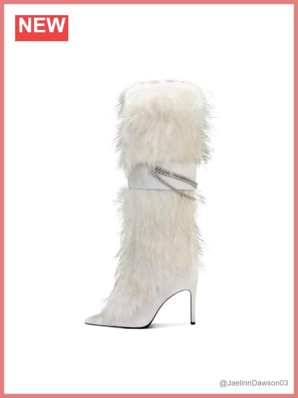 Knee High Faux Fur Winter Boots, Stiletto Heel Slip On with Chain Accent
